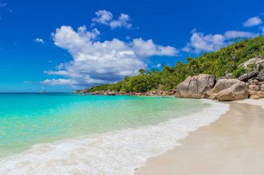 Anse Lazio - Cennet plaj beyaz kum, turkuaz su, zengin yeşil ağaçlar ve taşlar, Seyşel Adaları.