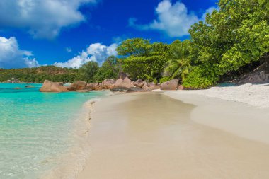 Anse Lazio - Cennet plaj beyaz kum, turkuaz su, zengin yeşil ağaçlar ve taşlar, Seyşel Adaları.