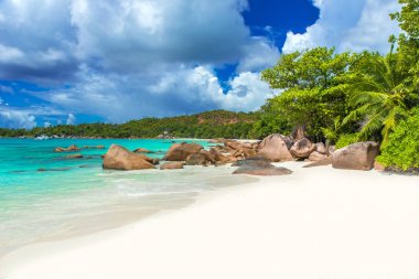 Anse Lazio - Cennet plaj beyaz kum, turkuaz su, zengin yeşil ağaçlar ve taşlar, Seyşel Adaları.