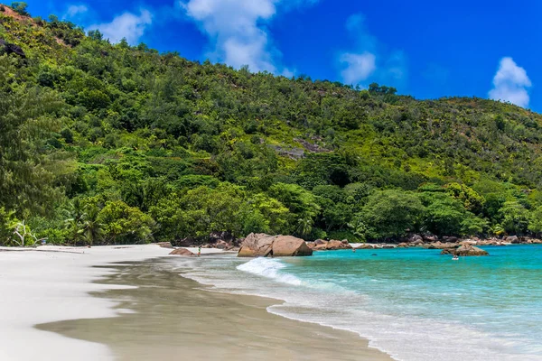 Anse Lazio Paradise Beach White Sand Turquoise Water Rich Green — Stock Photo, Image