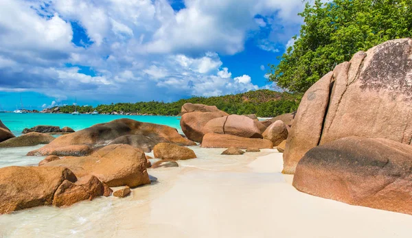 Anse Lazio Spiaggia Paradisiaca Con Sabbia Bianca Acqua Turchese Alberi — Foto Stock