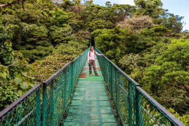 Young woman on hanging bridge in cloudforest, Monteverde, Costa Rica. clipart