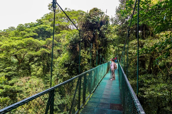Mujer Joven Puente Colgante Bosque Nublado Monteverde Costa Rica — Foto de Stock