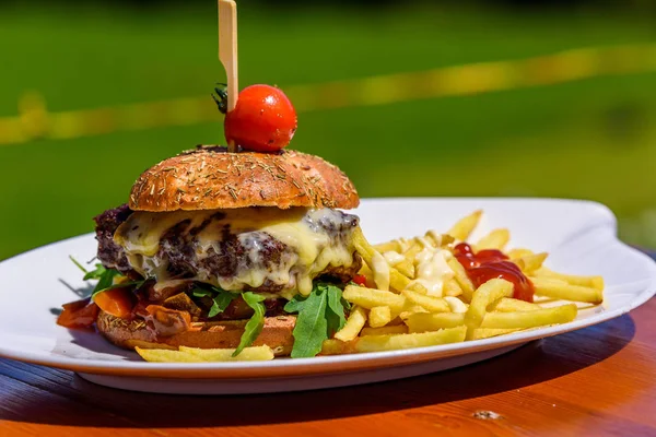 Gros Plan Hamburger Gastronomique Avec Frites — Photo