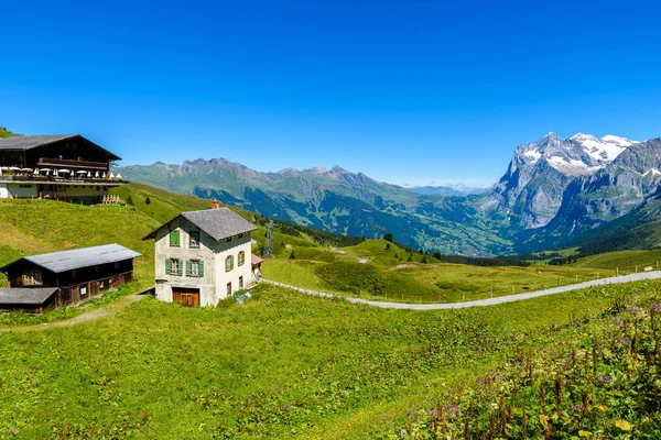 グリンデルワルトとユングフラウ スイスの家で山の風景 ストック写真