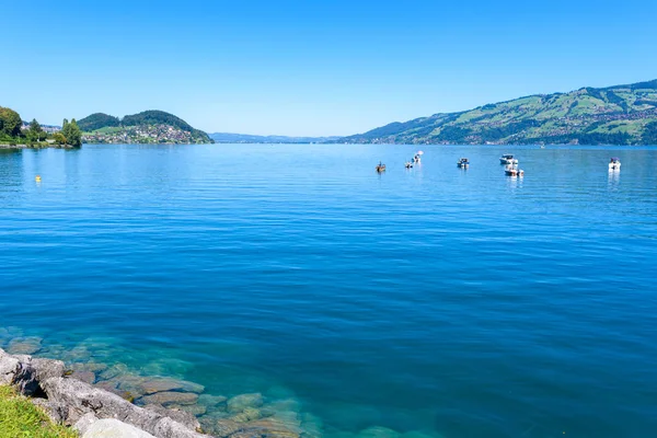 Thuner Lago Thun Com Vista Panorâmica Para Paisagem Montanhosa Suíça — Fotografia de Stock