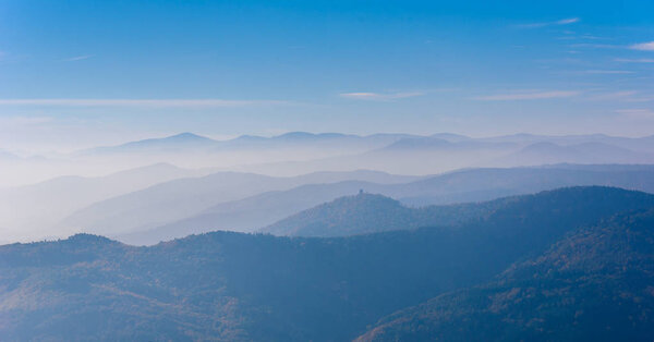 Landscape of beautiful black forest, Germany. Silhouette of hills close to Alsace, France.
