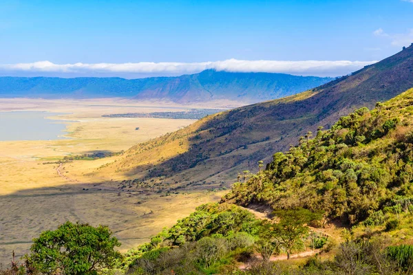 Panorama Krateru Ngorongoro Park Narodowy Jeziorem Magadi Safari Tours Savannah — Zdjęcie stockowe