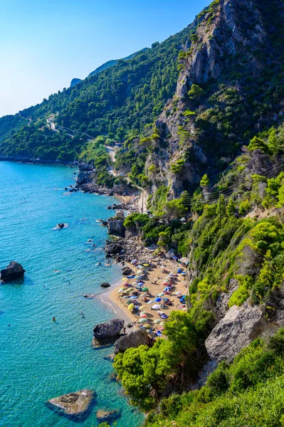 Mirtiotissa Strand Mit Kristallklarem Azurblauem Wasser Und Weißem Strand Wunderschöner — Stockfoto