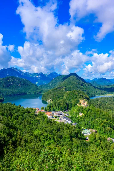 Alpsee Schwansee Neuschwanstein Hohenschwangau Hrad Jezero Fuessen Krásné Horské Scenérie — Stock fotografie