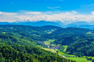 Zürih Gölü 'nün panoramik manzarası ve Uetliberg Dağı' nın tepesinden, Mt. Uetliberg, İsviçre, Avrupa