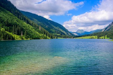 Tannheimer Tal 'daki Vilsalpsee (Vilsalp Gölü), Avusturya Alpleri' ndeki güzel dağ manzarası