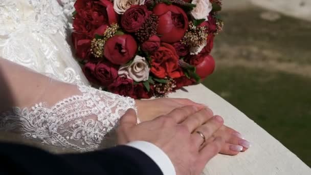 新郎が花嫁の手に彼の手を置く — ストック動画