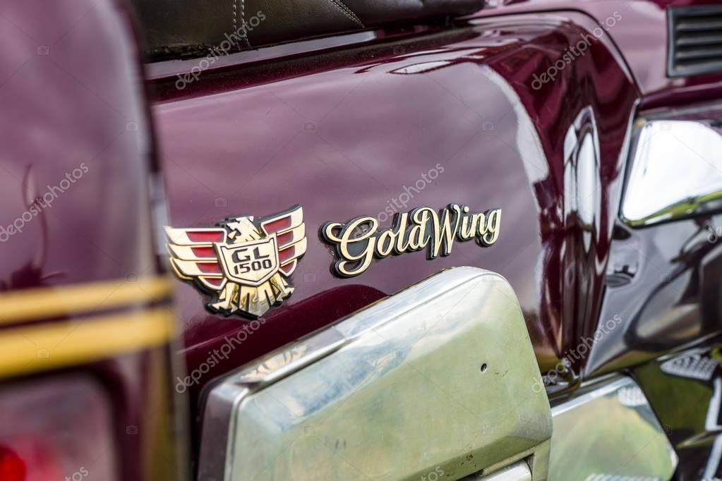 PAAREN IM GLIEN, GERMANY - JUNE 03, 2017: Emblem of a touring motorcycle Honda Gold Wing GL1500. Exhibition 