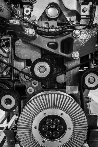 Fragment of internal combustion engine close-up. Black and white. — Stock Photo, Image