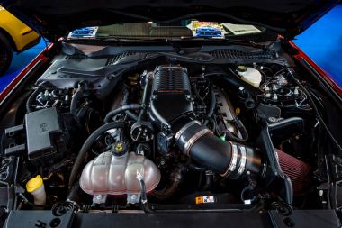 Engine of the Ford Mustang GT V8 Supercharged, 2017. clipart