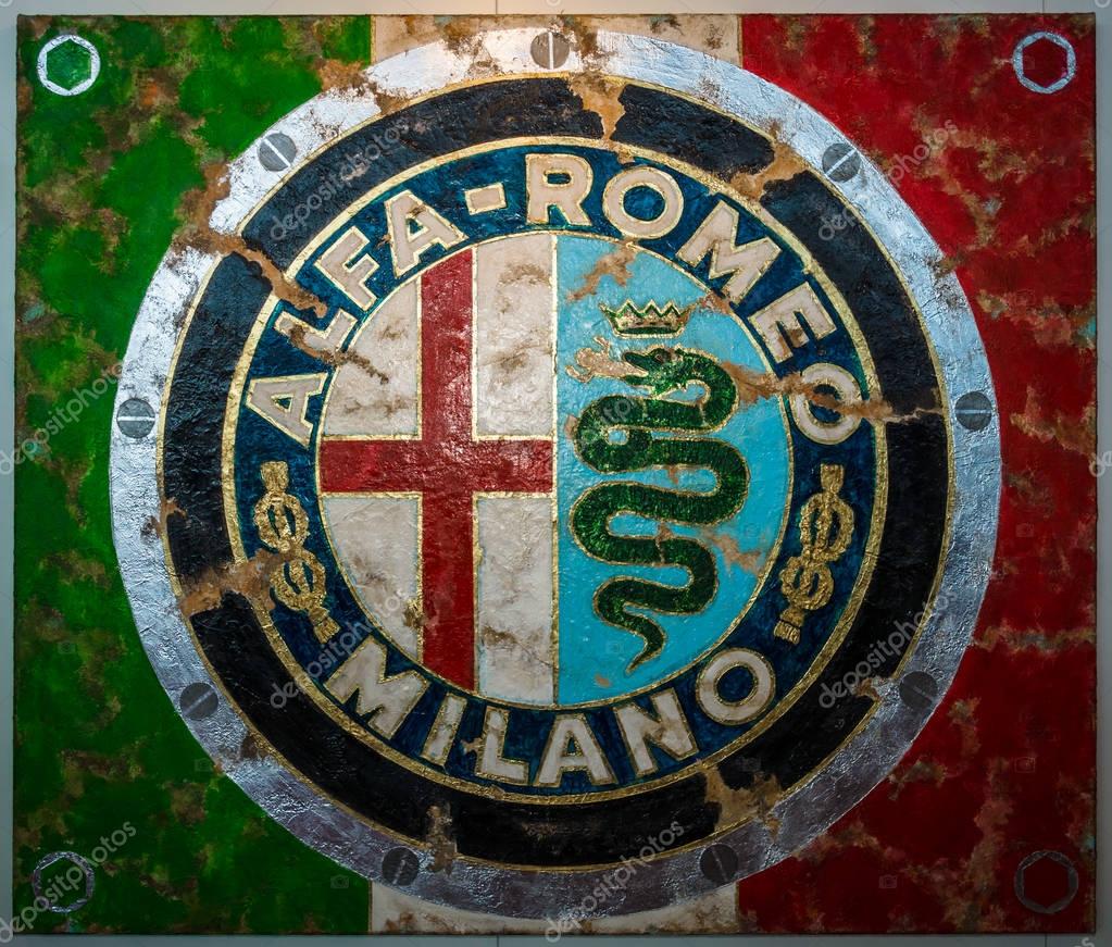 STUTTGART, GERMANY - MARCH 04, 2017: Painting with the logo Alfa Romeo by German artist Ferencz Olivier. Europe's greatest classic car exhibition 