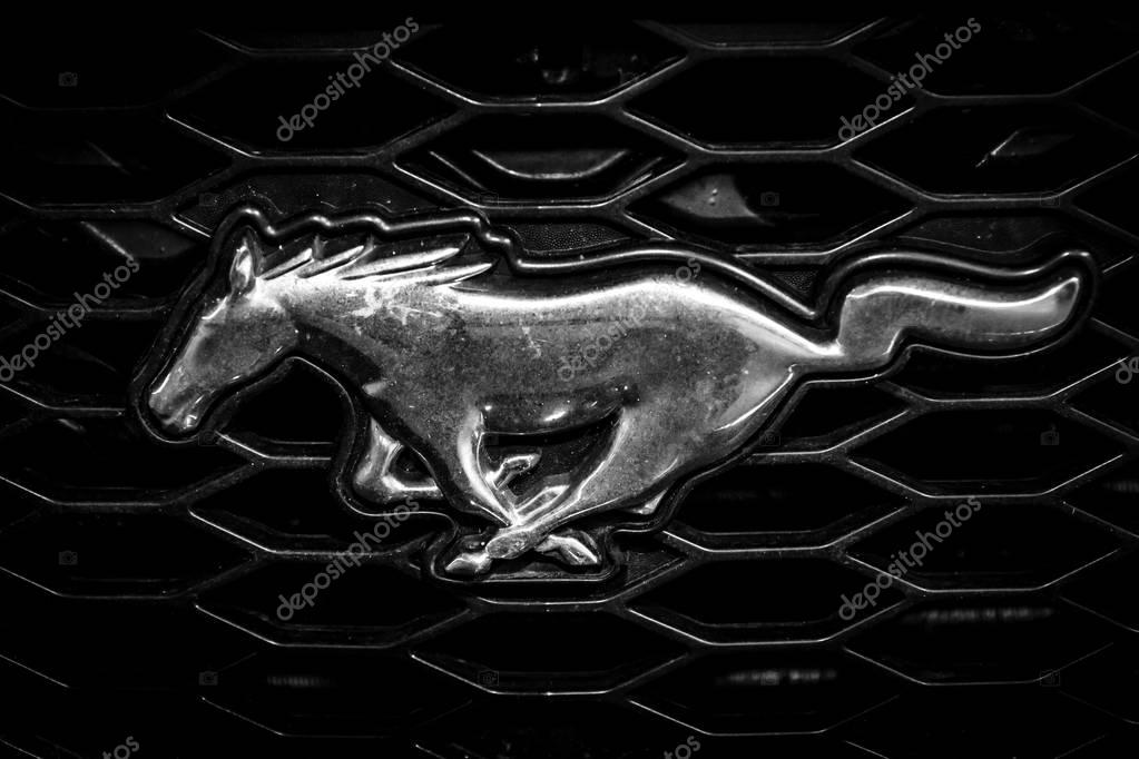 STUTTGART, GERMANY - MARCH 04, 2017: Symbol of Ford Mustang, close-up. Black and white. Europe's greatest classic car exhibition 