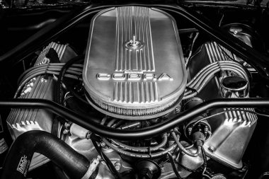 Engine of the Ford Shelby Mustang GT500 Eleanor. Close-up. Black and white clipart