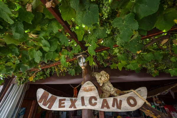 Teken van een Mexicaans restaurant in een rustieke stijl en takken en vruchten van wilde druiven. Nesebar is een oude stad en een van de belangrijkste badplaatsen aan de Bulgaarse Zwarte Zeekust. — Stockfoto