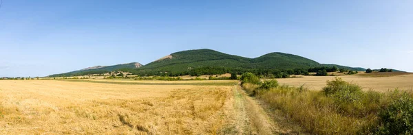 Vista panorâmica dos campos chanfrados. No fundo há colinas . — Fotografia de Stock