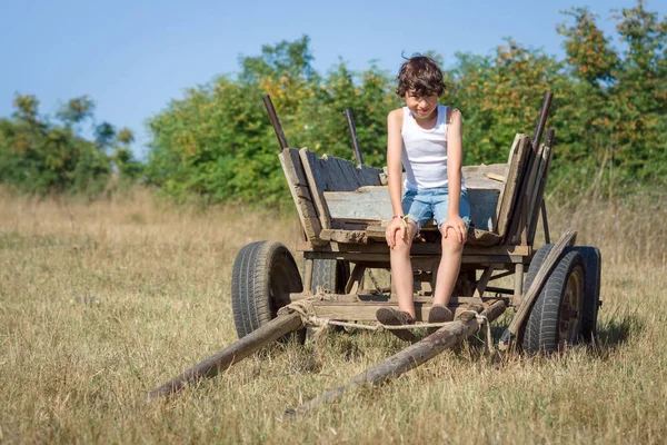 A little boy in a T-shirt, shorts and a cap sits on a cart. — Stock Photo, Image