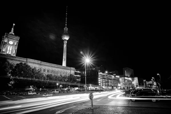 Berlin Października 2017 Downtown Lampki Nocne Tle Berlińska Wieża Telewizyjna — Zdjęcie stockowe