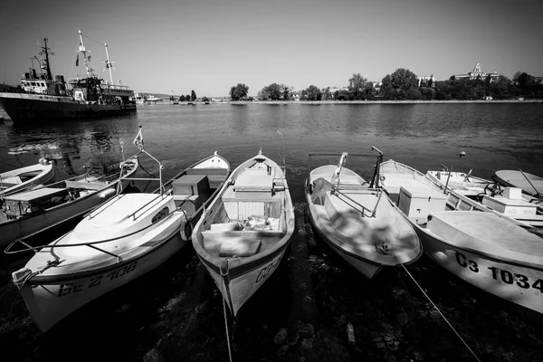 Sozopol Bulgaria August 2017 Fishing Boats Seaport Pier Black White — Stock Photo, Image