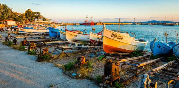 Pomorie Bulharsko Srpna 2017 Západ Slunce Pohled Vodní Hladinu Rybářských — Stock fotografie