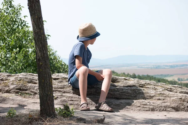 Portrait Beautiful Boy Sitting Stone — Stock Photo, Image