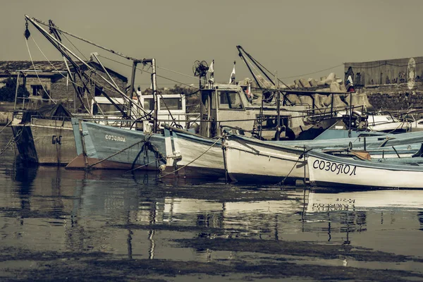 Sozopol Bulgaria August 2017 Fishing Boats Seaport Pier Vintage Toning — Stock Photo, Image