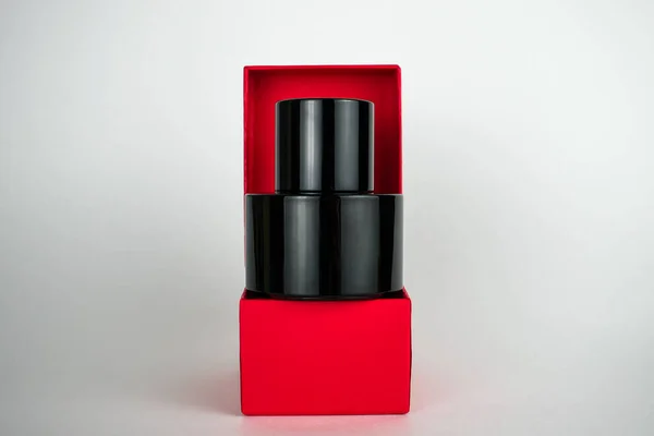 Bottle Black Perfume Red Box — Stock Photo, Image