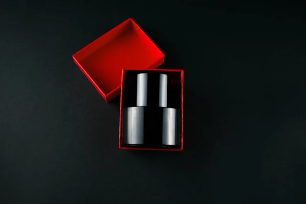 Bottle Black Perfume Dark Background Red Box — 스톡 사진