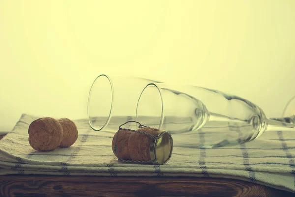 Champagne Glasses Cork Wooden Table — Stock Photo, Image