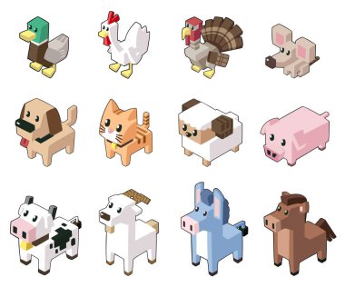 Sevimli izometrik hayvanlar vektör çizim minimal tarzda ayarlayın. Arka plan üzerinde izole. (Bölüm 1)