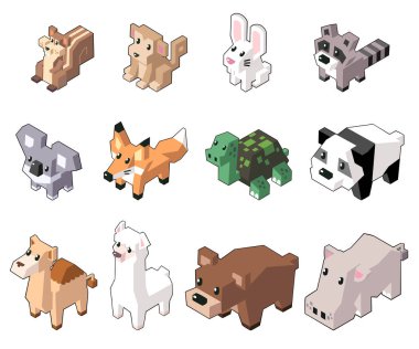 Sevimli izometrik hayvanlar vektör çizim minimal tarzda ayarlayın. Arka plan üzerinde izole. (Bölüm 3 )