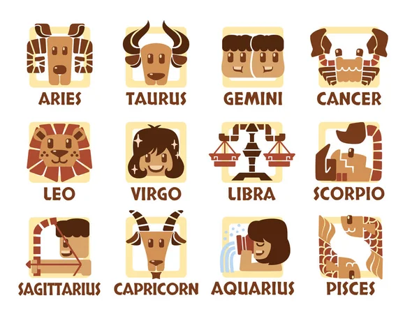 Set Illustration Zodiac Signs Astrology Horoscope Sign Cute Cartoon Style — Stock Vector