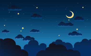 Fantezi karanlık gece gökyüzü arka planda karikatür tarzı yarım ay ve yıldız ile vektör çizim.