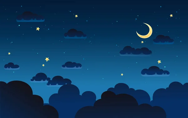 Fantezi karanlık gece gökyüzü arka planda karikatür tarzı yarım ay ve yıldız ile vektör çizim.