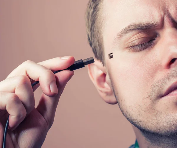 Man with computer sockets in his head. — Stock Photo, Image