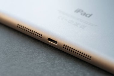 Vladivostok, Rusya - 4 Haziran 2014: Apple yıldırım bağlantı Ipad mini bağlantı noktası. Özel bir conniction iPhone'lar, ipads veya iPod gibi mobil cihazlar bilgisayarlara bağlanmak için kullanılır. 