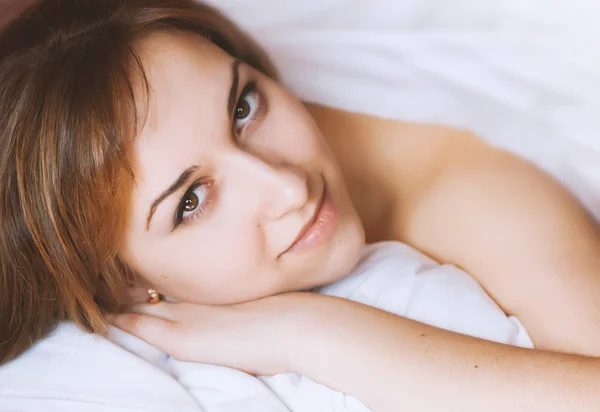 Closeup Portrait Beautiful Young Lady Lying Bed — Stock Photo, Image