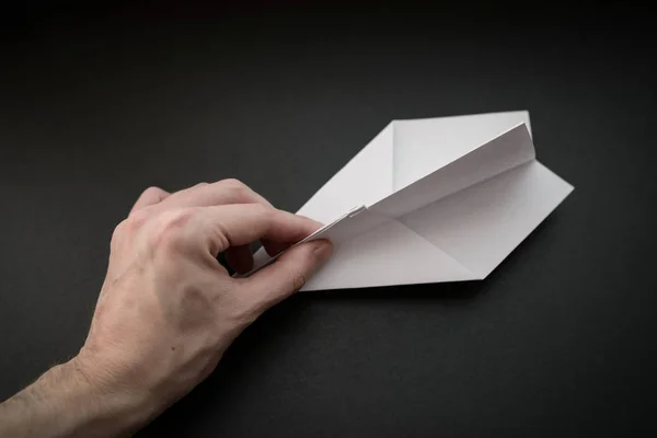 Paper Plane Hand Dark Background — Stock Photo, Image