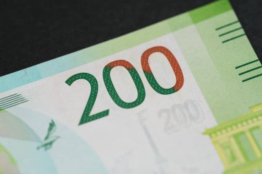 Banknot yeni iki yüz ruble, ayrıntı görünümü. Makro seçici odak ve sığ derinlik-in tarla.