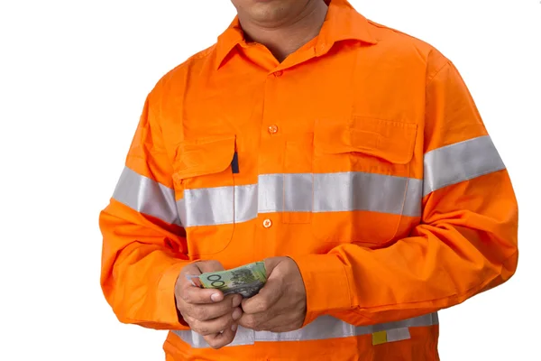 Supervisor or work man with high visibility shirt  holding and c — Stock Photo, Image