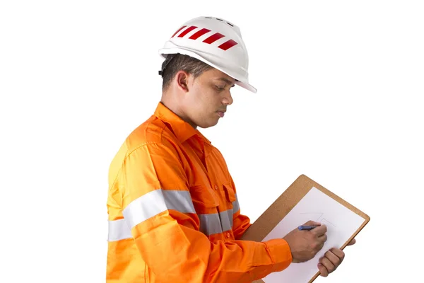 Inspektor budowy kask i wysokiej widoczności koszula — Zdjęcie stockowe