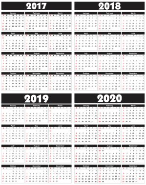Takvim 2017, 2018, 2019, 2020 yılında vektör