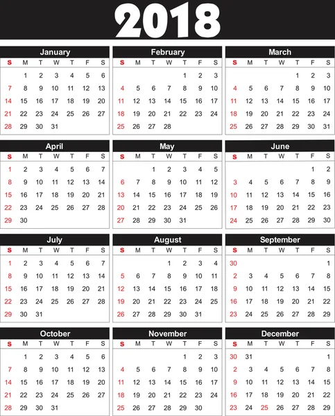 El calendario 2018 en vector se puede convertir en cualquier tamaño para imprimir — Vector de stock