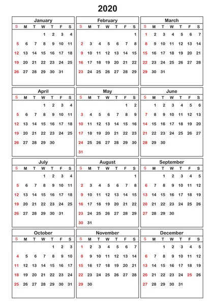 El calendario 2020 en vector se puede convertir en cualquier tamaño para imprimir — Vector de stock