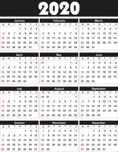 ベクトルのカレンダーを 2020 年までは、印刷用の任意のサイズに変換できます。 — ストックベクタ